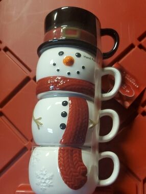 St. Nicholas Square White Snowman Stackable Mugs with Red Accents